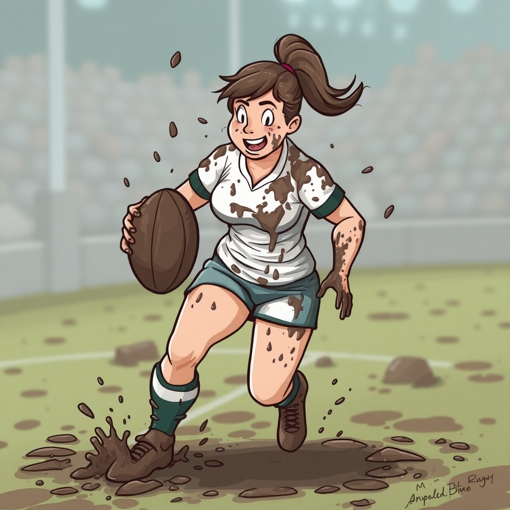 cartoon of very muddy woman rugby player, splattered and smeared head to toe with thick gooey mud, on a muddy rugby pitch