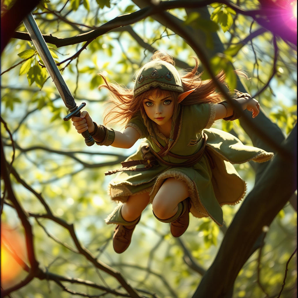 A twenty-something elf girl like (Deedlit from Record of Lodoss war), a character come to life. Flying through tree branches, sword in hand. Photo-real, film grain, lens flare, chromatic aberration.