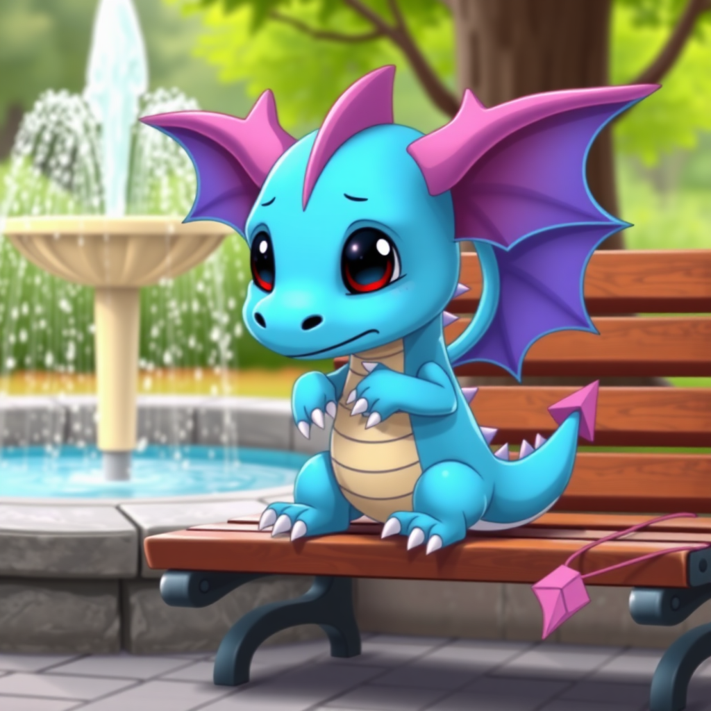 A cartoon bored blue small dragon with two legs, two arms, black eyes with red pupils and wings sitting on a bench watching a water fountain