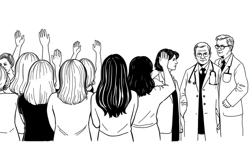 Create an image with two groups, on the left there are 10 women in ages 40 to 70 years old with different hairstyles raising one hand because they want the only spot that is available at the clinic to perform MRI, on the right side, a few doctors are stressed about deciding who will get the spot. The style is a minimalist drawing with only black ink. Pay special attention to the hands.