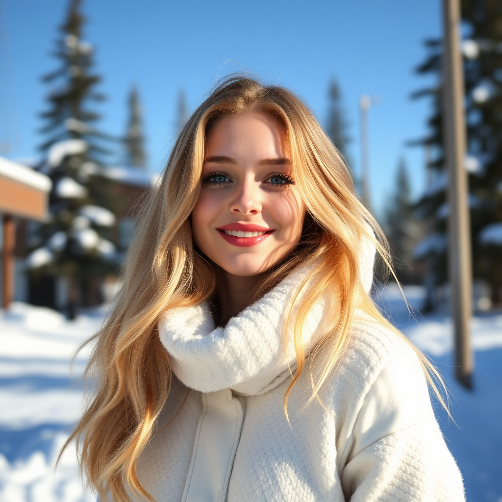 beautiful young woman with lush cherry blonde long hair, full lips, on Alaska Anchorage happy in sunny snow