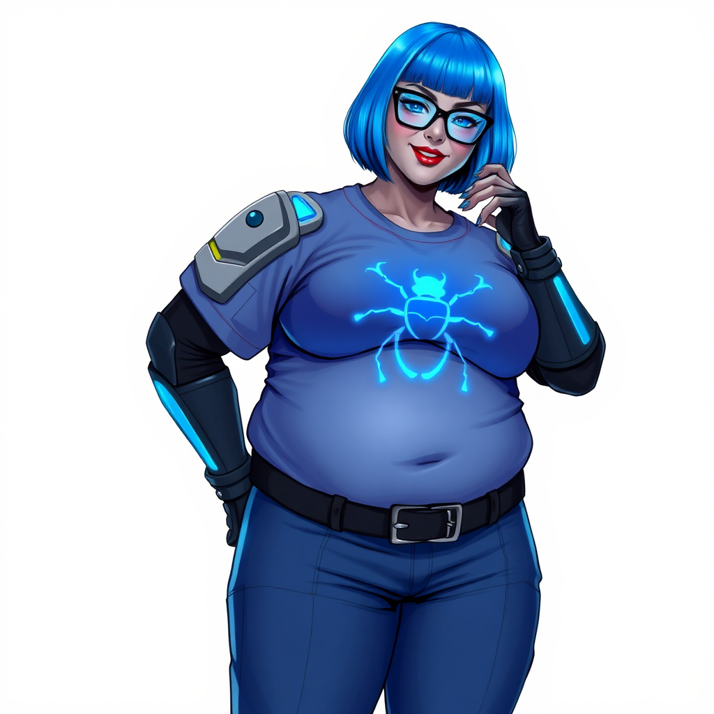 A 28-year-old, full-figured, metallic middle gray skinned computer program hybrid with a vibrant maximum blue bob cut. She has a non-athletic build, highlighted by a prominent, round, large midsection (fully emphasizing her round large belly) while being covered by her large t-shirt, reflecting her new junk food eating habits influenced by her boyfriend. As the full-figured, nerdy, digital sidekick to her cyberpunk vigilante boyfriend, her middle gray metallic skin and maximum blue lipstick underscore her digital essence. She dons a digital, computerized outfit: a large, tight-fitting, high-tech, maximum blue t-shirt with neon blue glowing beetle themed accents complete by a giant neon blue glowing beetle icon on the chest, hi-tech shoulder pads with neon blue accents, a black hi-tech belt with a digital neon blue glowing buckle, digital maximum blue pants with neon blue accents, and black hi-tech gloves with neon blue glowing accents. Her neon blue glowing eyes, black eyeglasses with neon blue glowing lenses equipped with a built-in HUD, and shy smile with neon red blush highlight her nerdiness. She stands bashfully with one hand behind her back and the other gently touching her cheek, her outfit covering all her bare skin and fully emphasizing her full-figured physique (especially her large belly). She is clearly non-athletic, with a heavy focus on her full-figured physique (with full emphasis on her large belly). Despite her build, she radiates beauty. Her slim face contrasts with her physique, accentuating her radiant beauty. She is set against a solid white background. She is drawn as if she were in a retro 2D cyberpunk fighting game.