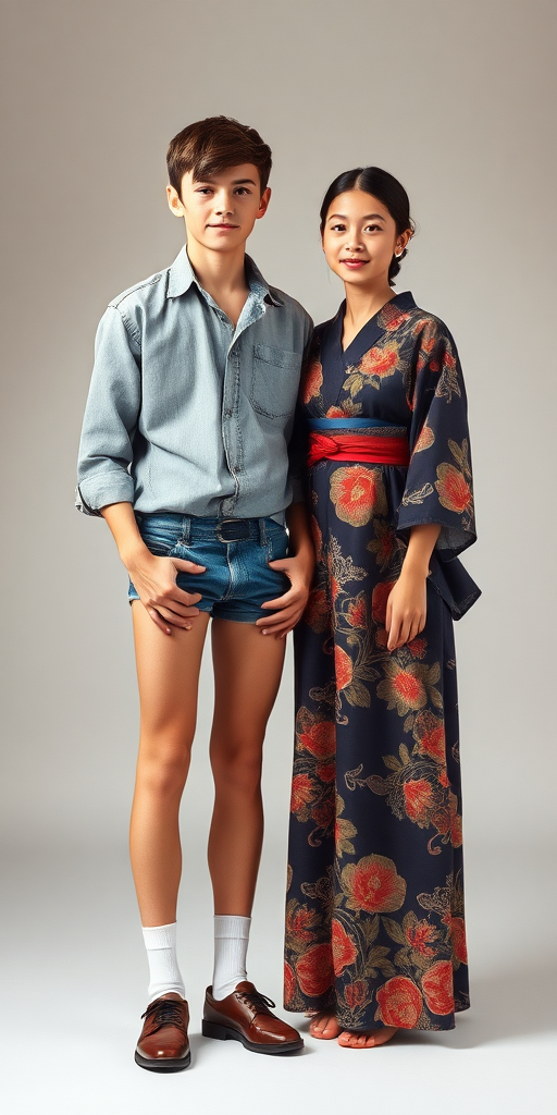 A Caucasian 13yo teen boy, wearing shirt, denim tight booty shorts, tube socks, shoes, long legs, narrow thighs. With a Caucasian girl wearing floor long kimono. full-length view. studio background. Family photo. 1980s. photorealistic, ultra high resolution, 16K, Negative: grainy, blurry, bad anatomy, extra limbs, watermark.