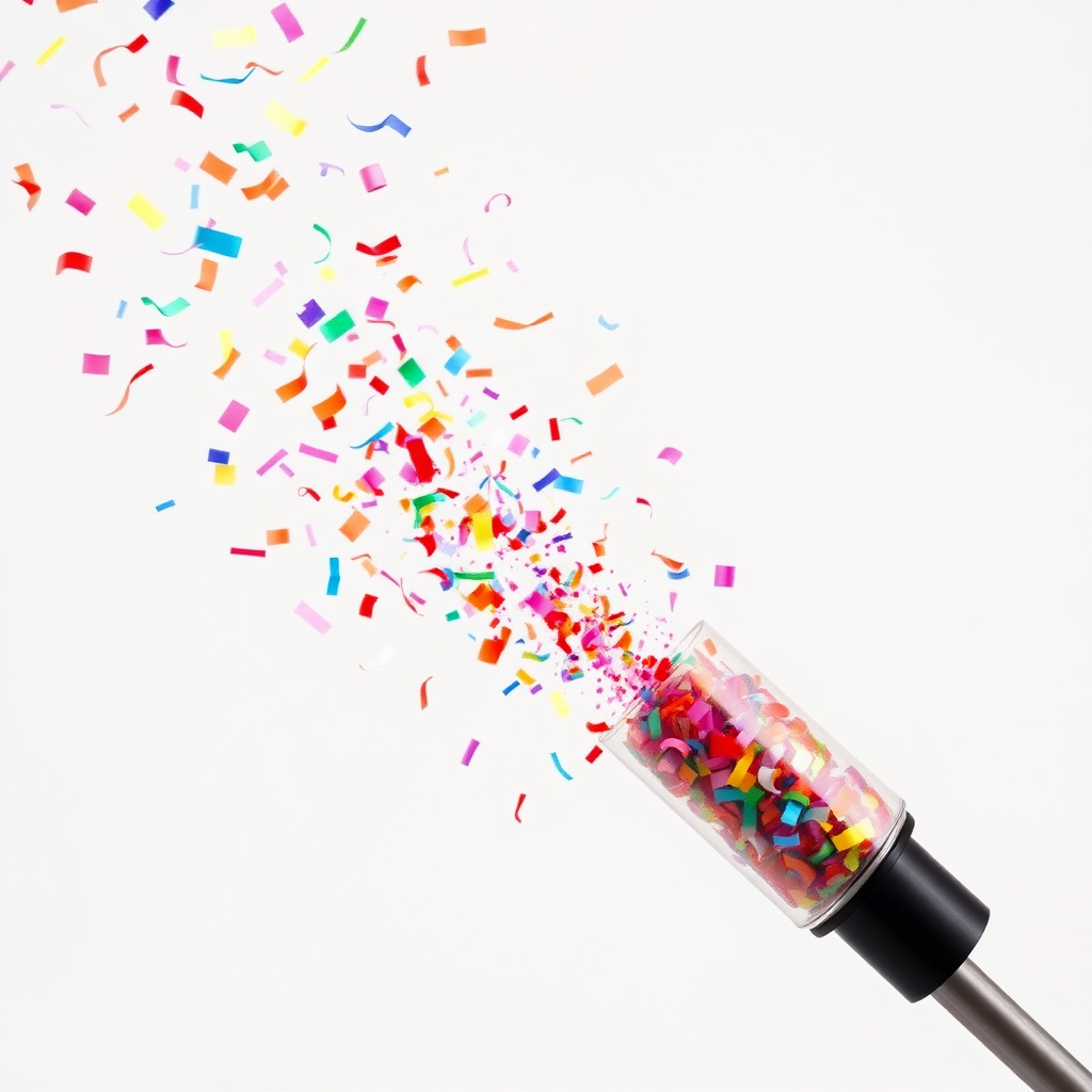 colorful confetti popper tube shooting big confetti into the air, at an angle, white background, realistic, beautiful