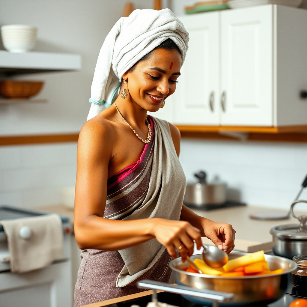 slim, 40 year old, traditional indian wife, towel head, cooking food in kitchen