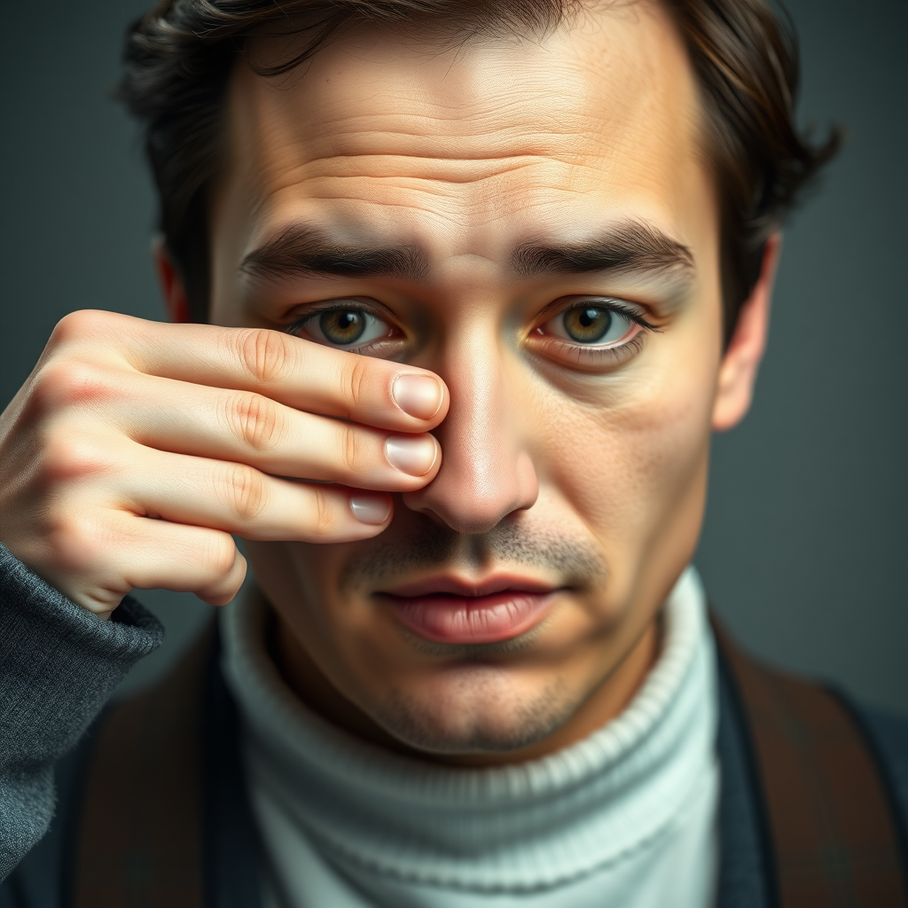 create a photo realistic image of a person who blocks his nose due to bad smell. Make the image rectangle and not square