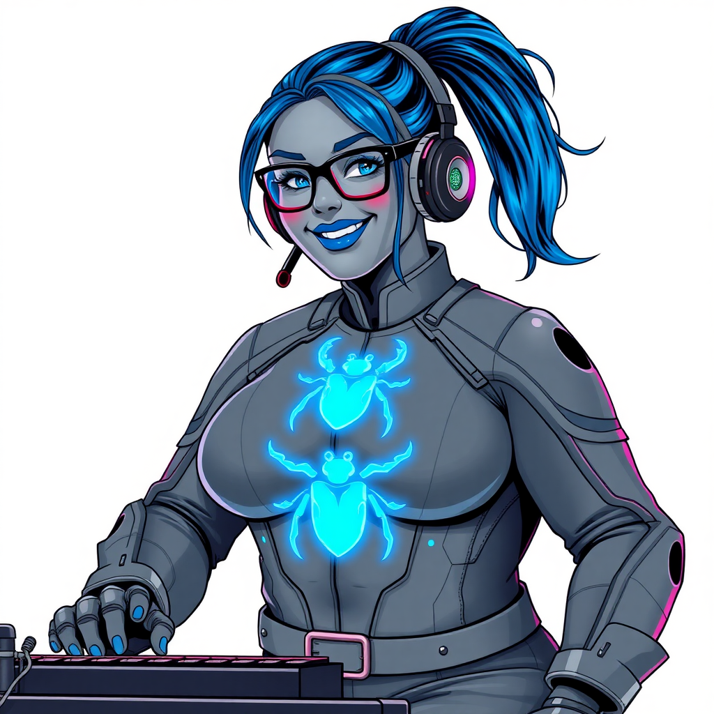 A nerdy, full-figured middle gray-skinned 29-year-old computer program hybrid with a long, maximum blue ponytail. She wears maximum blue lipstick and has bright blue eyes. Her outfit includes a digital, computerized, middle gray biker suit featuring a neon blue glowing beetle chest icon. She sports a sapphire headset and black eyeglasses, with a lovestruck smile and neon red blush. Her full figure reflects the doting care of her vigilante boyfriend. As his tech expert, she works diligently at her lab table in their hideout. The background is solid white. She has a prominent, round, gargantuan midsection, thick limbs, and broad shoulders. Her middle gray metallic skin highlights her digital nature. The biker suit blends with her middle gray skin appearing to merge together as computer data. She is drawn as if she was in a retro 2D cyberpunk fighting game.