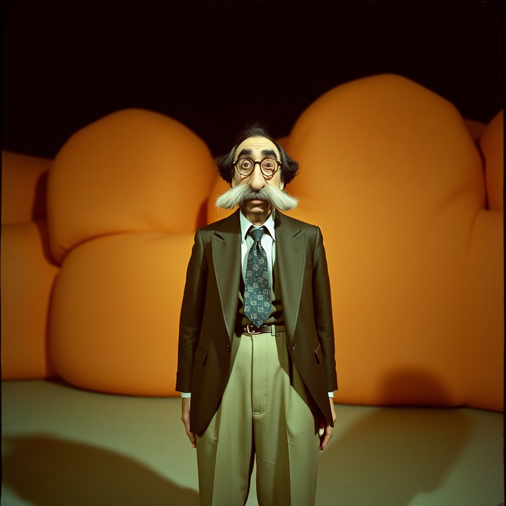 Highly detailed Kodachrome color real surrealist photograph from 1974 of Groucho, with his movies trailing  
Stands alone with his punchline failing