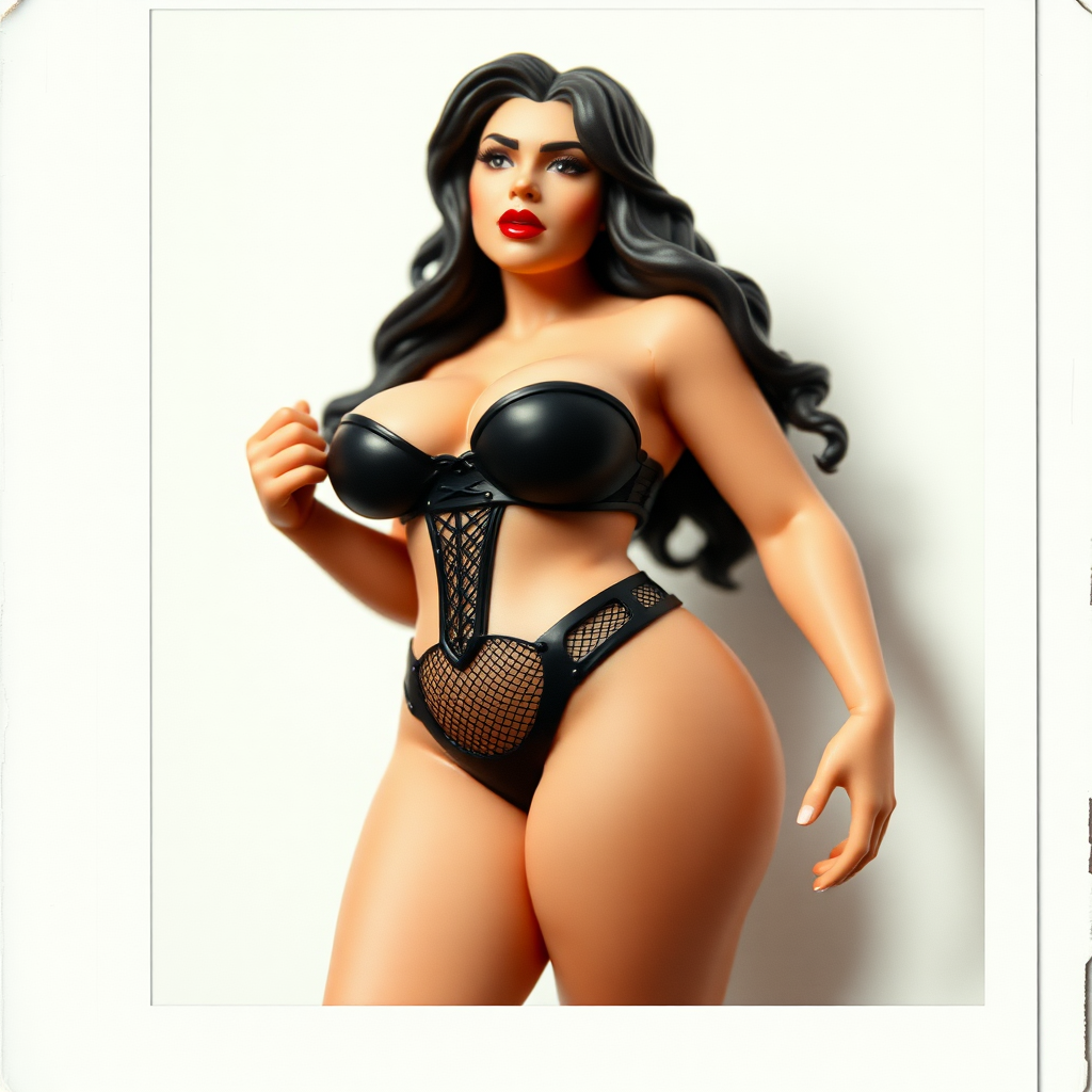 old polaroid photo of low detail 3d printed plastic figurine of sexy thicc curvy succubus girl wearing revealing black mesh bikini gstring thong and corset