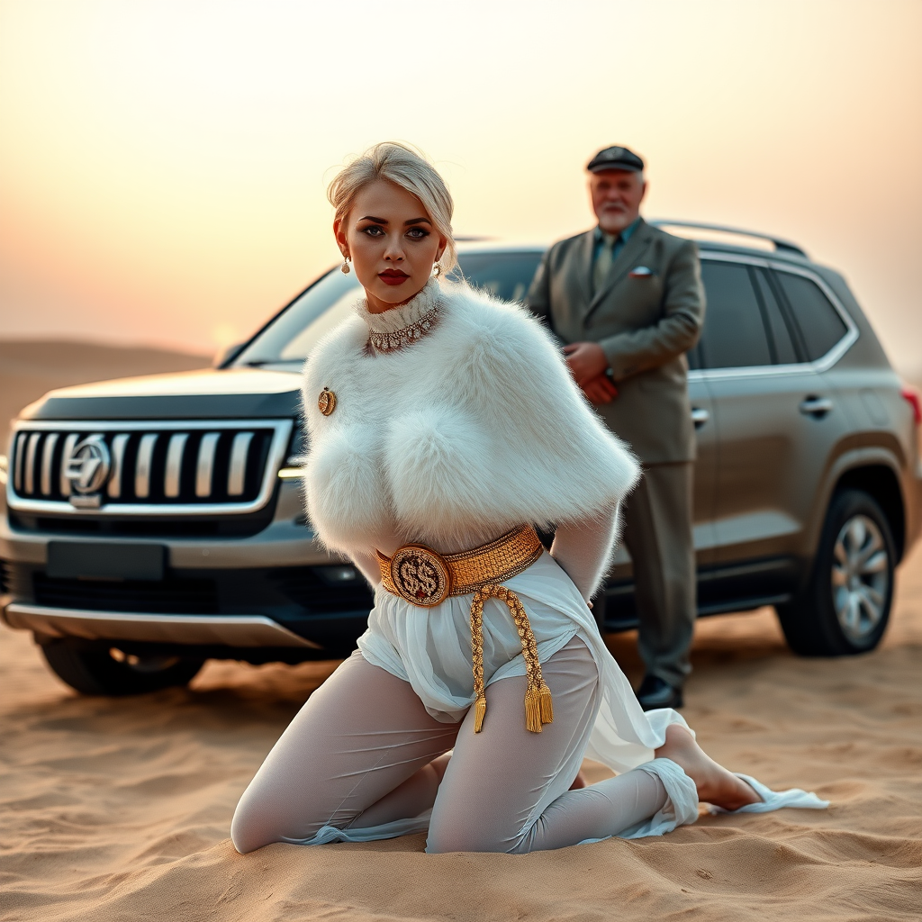 Kuwait desert dunes misty dawn, full size luxury SUV: Melissa, European 17 years old very convincing femboy “trophy-bimbo”, tamed servile docile, very beautiful feminine flawless face, rather short, by hormones very curvaceous womanly figured, platinum blond short tight curls, bold red lips, heavily made-up face, wearing Supertanya-style fluffy very fuzzy bright white angora turtleneck-poncho cropped ending under bust decorated with pearls and gemstones, striking oriental wide gold bridal protection belt, white fully transparent harem pants, full Oriental bridal jewelry including headpiece, nose-ring, coin anklets, striking diamond “$$$” letter brooch on left chest, pout frustrated, hands tied behind back, kneeling in sand in front of SUV, looking at camera. Focus on face and turtleneck-poncho. Standing behind Melissa: older overweight tall proud sheik, approvingly padding Melissa.