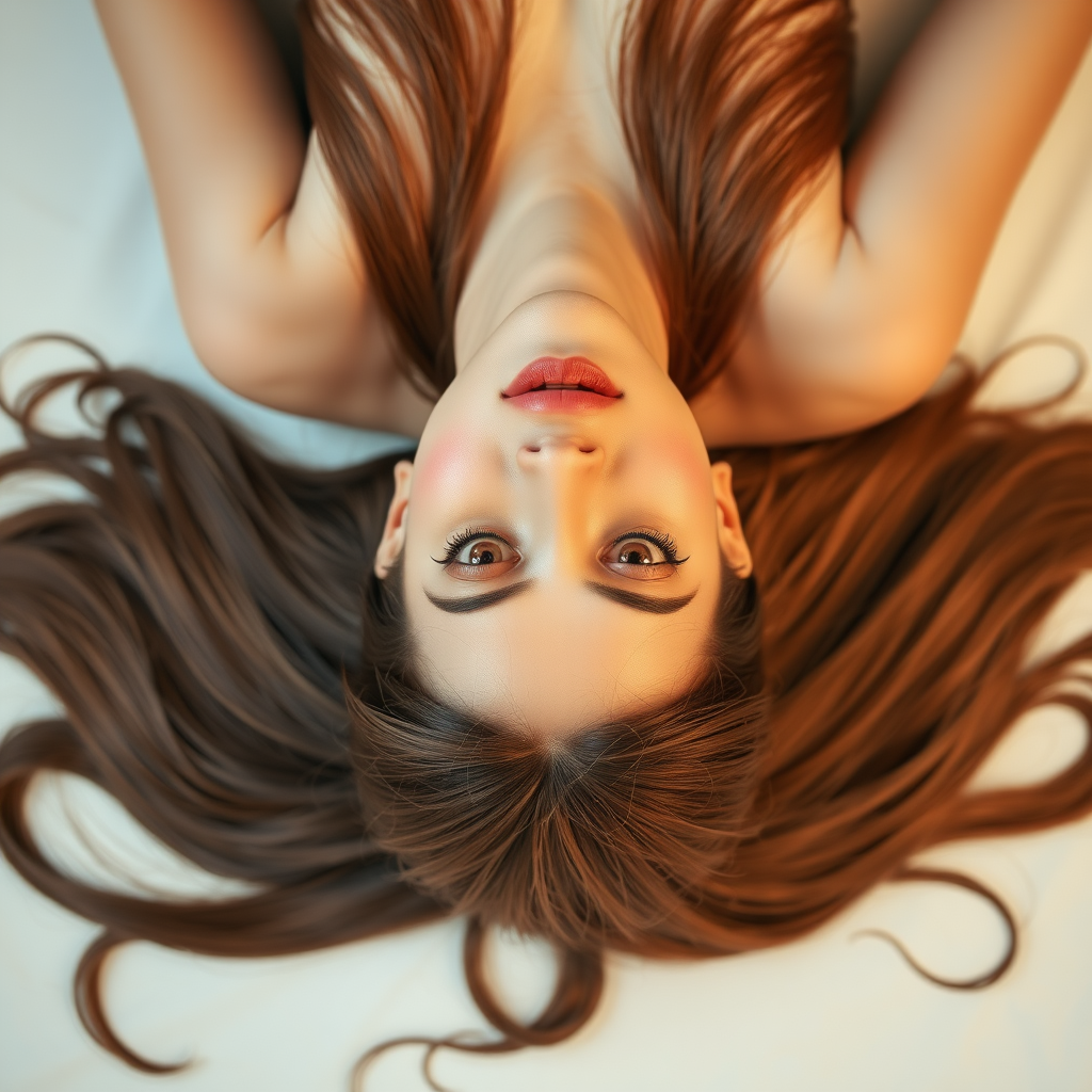 A beautiful woman laying on her back staring up at the camera. Her very long hair meticulously fanned out to display its length and beauty.