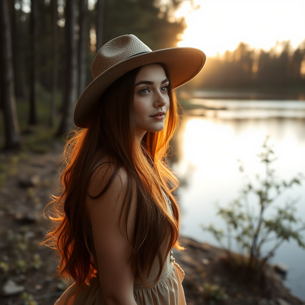 a young woman posing next to a lake in a forest. long brunette hair. she is wearing a dress and a wide hat. looking to the side. the sinking sun is falling through the trees. light like in a fairy tale. photo