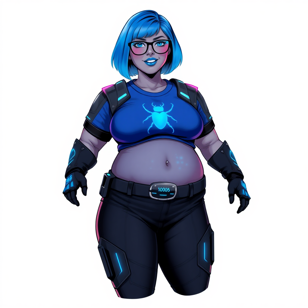 A 28-year-old, full-figured, middle gray skinned computer program hybrid with a maximum blue bob cut. She has a non-athletic build, highlighted by a prominent, round, large midsection (with heavy emphasis on her belly). As a digital sidekick, computer hacker, and nerdy girlfriend to her cyberpunk vigilante boyfriend, her middle gray metallic skin and maximum blue lipstick emphasize her digital nature. She wears a digital, computerized costume consisting of a gargantuan, tight-fitting, hi-tech, maximum blue t-shirt with a neon blue beetle glowing chest icon, hi-tech shoulder pads with neon blue accents, a black digital belt with a digital neon blue glowing beetle buckle, black biker pants with neon blue glowing accents, and black hi-tech gloves with neon blue glowing accents. Her neon blue glowing eyes, black eyeglasses with a neon blue glowing HUD built in its lenses, and lovestruck smile with neon red blush accentuate her nerdiness. She stands bashfully with her hands behind her back, her costume covering all her skin and emphasizing her full-figured physique (especially her belly). She is clearly non-athletic, with a focus on her full-figured physique. Despite her build, she radiates beauty. She is on a solid white background. She is drawn as if she was in a retro 2D cyberpunk fighting game.