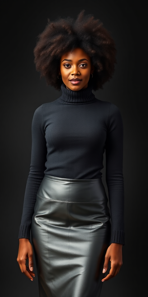 a fullbody photo of an african woman with an afro wearing a knee length leather pencil skirt and a fitted turtleneck sweater