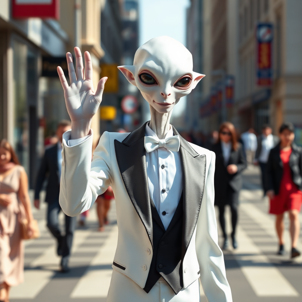 A hairless white pale extraterrestrial, with an elegant tuxedo, in a busy street, waving with his raised hand.