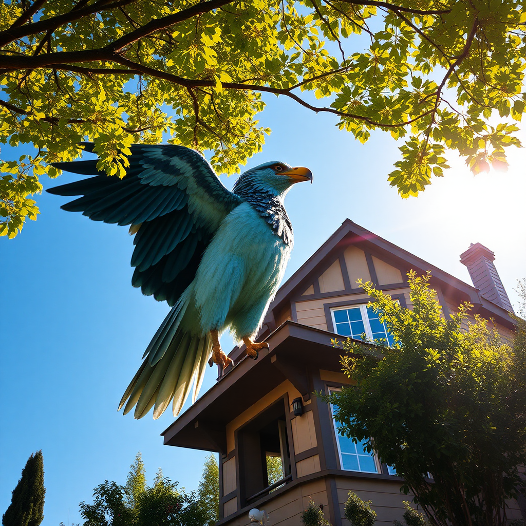 a man who is half bird above a house and trees in a sunny environment