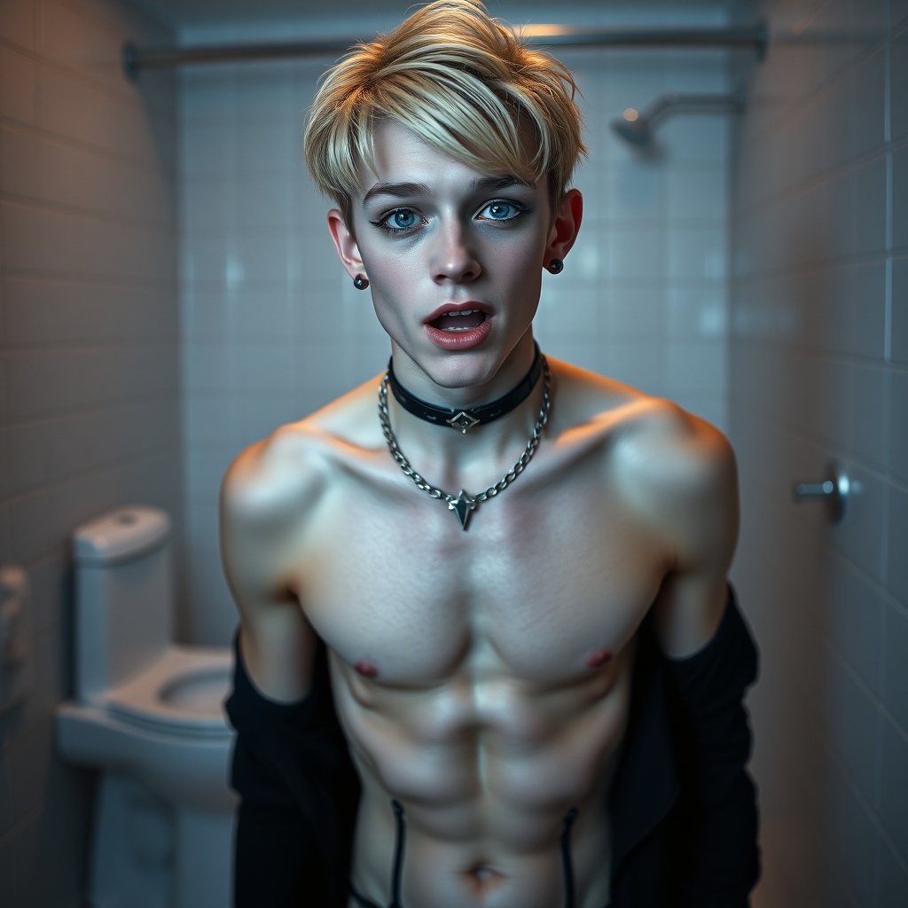 photorealistic, ultra high resolution, 16K, surreal fantasy, soft studio lighting, Caleb Swift is a pretty 16 year old goth male, slim male physique, blonde hair, blue eyes, goth makeup, earrings, white & black vertically striped pantyhose, spikey neck collar with chain, standing on the floor of the bathroom, excited mouth, bulging crotch, full body front view of Caleb facing the camera.