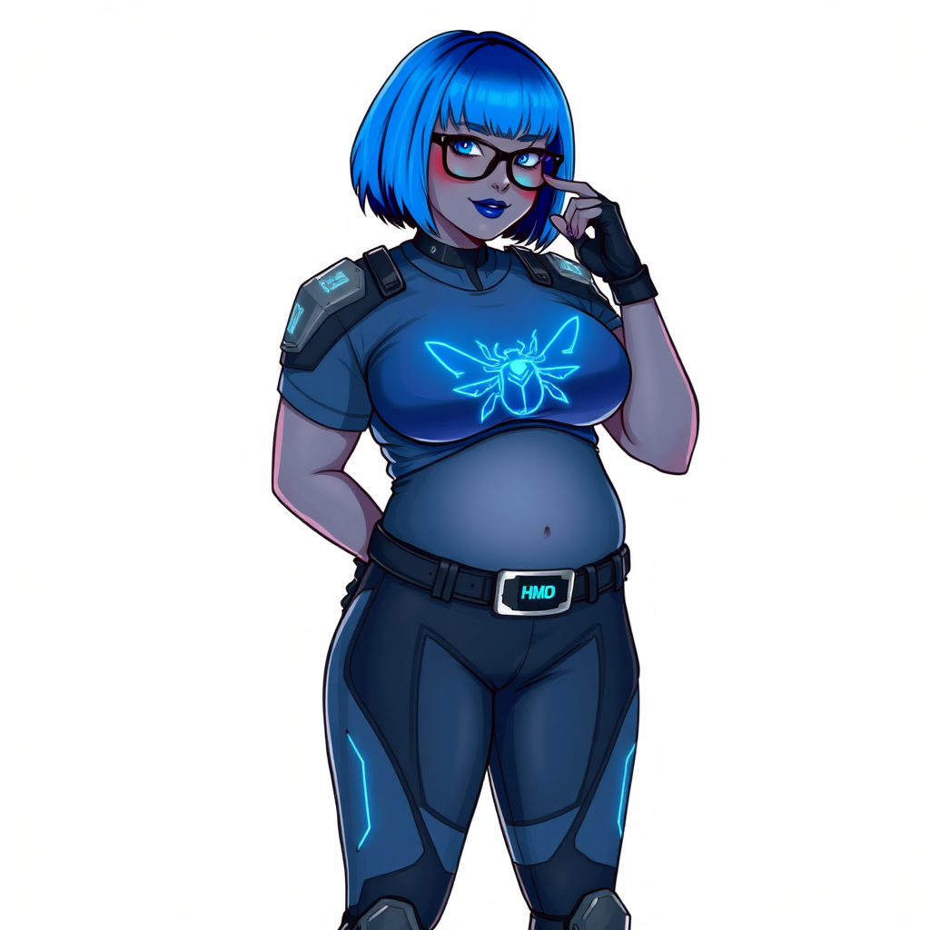 A 28-year-old, full-figured, middle gray-skinned computer program hybrid with a maximum blue bob cut. She has a non-athletic build, highlighted by a prominent, round, large midsection (with emphasis on her belly), which shows the aftermath of her pampering. As the heavily pampered digital sidekick to her cyberpunk vigilante boyfriend, her middle gray metallic skin and maximum blue lipstick emphasize her digital nature. She wears a digital, computerized costume inspired by DC’s Carrie Kelly Robin, consisting of a huge, tight-fitting, maximum blue t-shirt with a neon blue glowing chest icon of a beetle, hi-tech shoulder pads with neon blue accents, a black hi-tech belt with a digital neon blue glowing buckle, digital maximum blue biker pants with neon blue accents, and black hi-tech fingerless biker gloves with neon blue glowing accents. Her neon blue glowing eyes, black eyeglasses with a neon blue glowing HUD built into the lenses, and shy smile with neon red blush accentuate her nerdiness. She stands bashfully with one hand behind her back and the other hand gently touching her cheek, her costume covering all her skin and emphasizing her full-figured physique (especially her belly). She is clearly non-athletic, with a focus on her full-figured physique. Despite her build, she radiates beauty. She has a slim face compared to her physique, accentuating her radiant beauty. She is on a solid white background. She is drawn as if she were in a retro 2D cyberpunk fighting game.