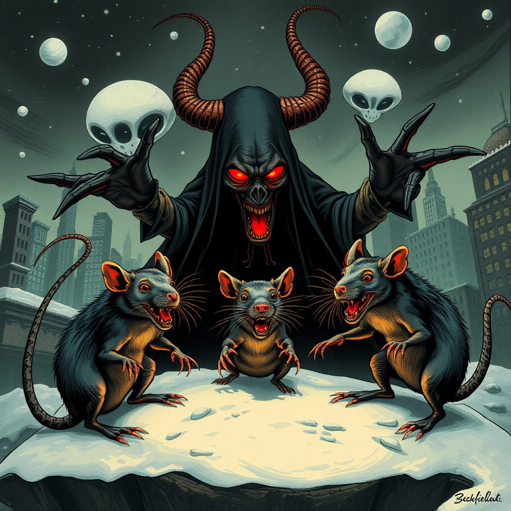 Demon rats invading Boston, Satan, blizzard, ancient aliens, conspiracy theories, cryptid, sinister, occult, occult grimoire illustration