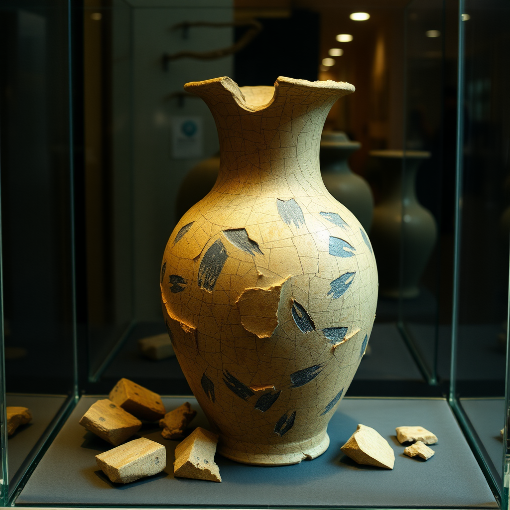 very old vase, in pieces, in display case, in scary colors