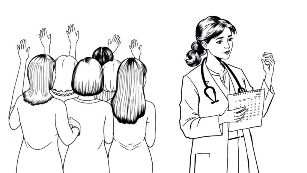 Create an image with two sides but no line in between, on the left there are 10 women in ages 40 to 70 years old with different hairstyles raising one hand because they want the only spot that is available at the clinic to perform MRI, on the right side, the woman doctor who has calendar in the hand is stressed about deciding who will get the spot. The style is a minimalist drawing with only black ink. Pay special attention to the hands.