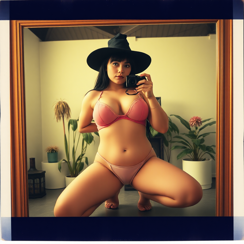 An old polaroid photo with a color tint to the photograph and visible light leaks. The photo depicts the reflection of a sexy alt goth girl with pale skin and black hair taking a self portrait with an old film camera. She has a plump booty. Her mascara is running. She has large breasts with ample cleavage and she is wearing a skimpy g-string that leaves a gap between her pubic area and thigh. The fabric of her g-string is skimpy and pink and white and barely covers her and her bra is translucent and pink and white. She is in a photography studio with artistic lighting and plants are all around behind her. She is kneeling with her knees spread apart above a large mirror. Her underwear is damp. She is wearing a witch hat.