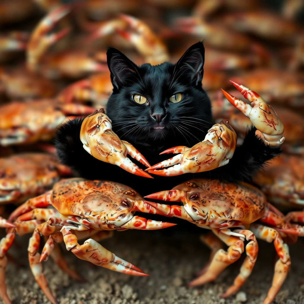 Lots of crabs holding a black cat in their claws