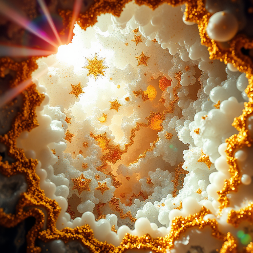 high quality photo, intricate environment, ultra-detailed, impressionistic, dynamic composition, artistic photograph, geode, alabaster, gold, fractal, brilliant colors, glittering, sunlight, illumination, transparency, mandelbulb