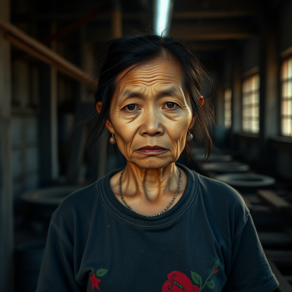 A very sad and hungry Laos Girl (25 years) with a very old T-Shirt in a very dark old and mystery Factory