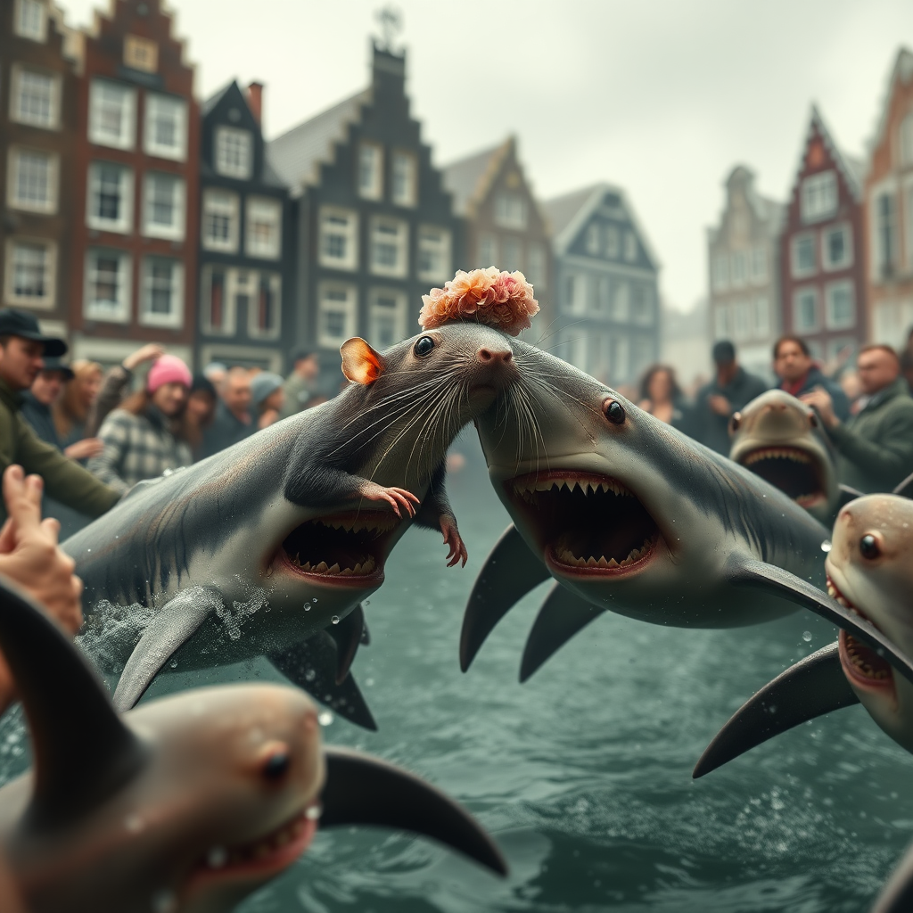 A rat wedding being attacked by hammerhead sharks, no text, Lovecraftian, in Amsterdam