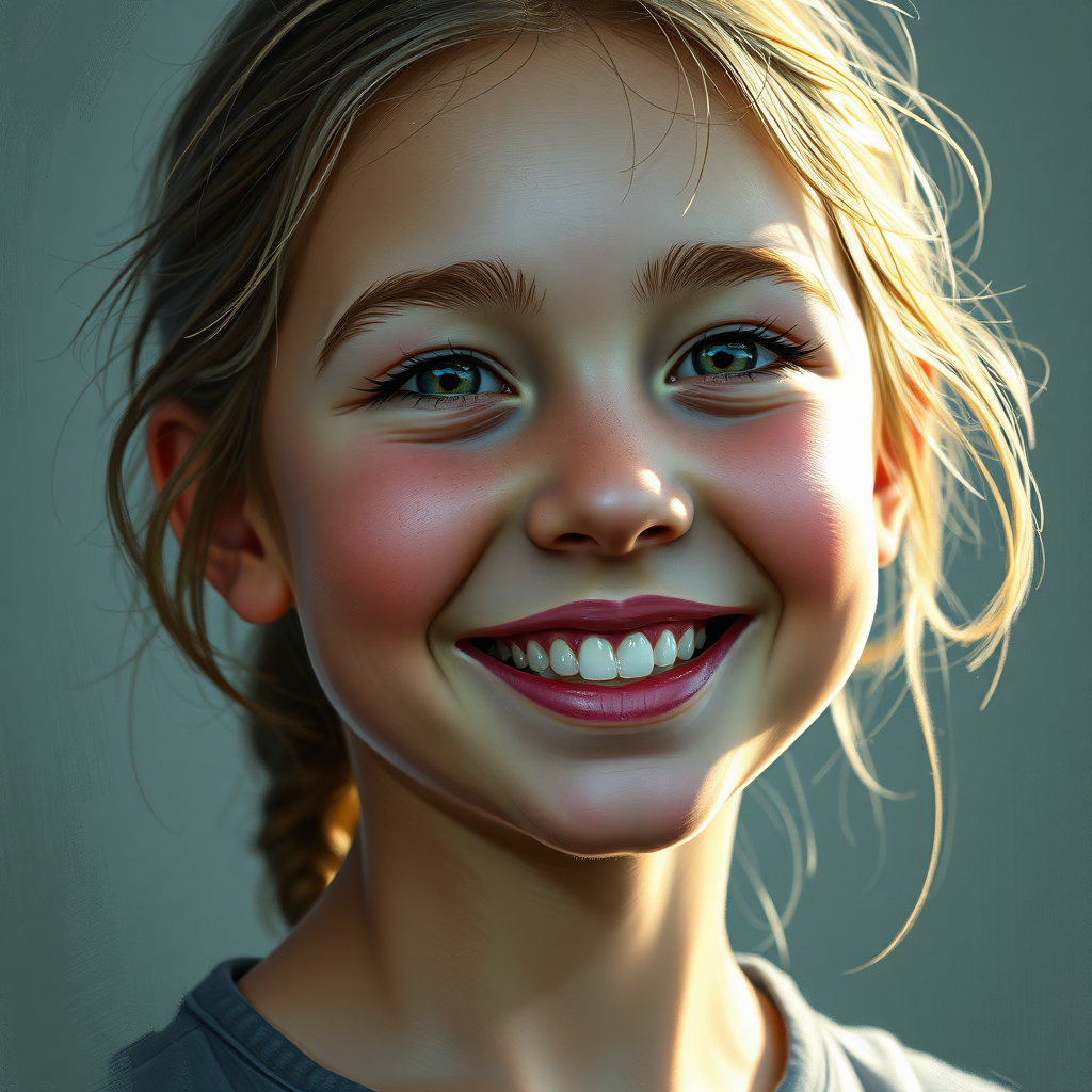 "Radiant Youth" depicts a 12-year-old girl rendered in an impasto style, where bold brushstrokes convey depth and movement, emphasizing her detailed, smiling face. Her genuine smile shines through the dynamic strokes, capturing the essence of youthful joy and innocence with vibrant energy. The artwork is created using advanced digital art tools such as Corel Painter, ZBrush, and Adobe Photoshop, achieving remarkable 3D volume, exquisite shading, and ultra-fine detailing. High-quality pigments, metallic flakes, and glass beads are incorporated to make each texture radiate with vibrancy under raking light.

Rendered in stunning 64K UHD resolution with a broad color spectrum and intricate detail, this piece is perfect for showcasing on high-profile platforms like ArtStation and Behance. A tranquil chiaroscuro effect creates a delicate interplay of light and shadow, enhancing depth and clarity. Soft, delicate colors infuse the piece with subtlety and serenity, while maximum harmony across all elements ensures a balanced, cohesive composition. Advanced rendering techniques and 3D volumetric effects enhance the artwork’s depth and spatial qualities, complemented by a hyper-realistic pencil sketch texture for intricate details.

The scene is illuminated with a profound understanding of optics, invoking a chiaroscuro effect reminiscent of the Old Masters, blending realism with drama. Soft, nuanced shades of grey, black, and white add depth and interest without overwhelming the composition, maintaining a gentle, lifelike depth that enhances the overall impact. Striking details are emphasized through a cinematic close-up approach, ensuring both technical and emotional elements captivate the audience. Enhanced using a balanced f/11 aperture and a raw photographic style with advanced v6 enhancements, the artwork renders vivid colors and minute details at an unparalleled level of realism.

Inspired by the styles of Cameron Gray, John Gould, Vladimir Volegov, Mondrian, Craig Mullins, Jirka Vinse, Jonatan Väätäinen, Meghan Duncanson, and Bergsma, "Radiant Youth" seamlessly blends traditional and contemporary techniques to create a visually and emotionally compelling masterpiece.

Technical Specifications:

    Resolution: 64K UHD
    Color Spectrum: Broad with high-quality pigments, metallic flakes, and glass beads
    Tools Used: Corel Painter, ZBrush, Adobe Photoshop
    Effects: Tranquil chiaroscuro, soft delicate colors, maximum harmony, advanced rendering techniques, 3D volumetric effects, hyper-realistic pencil sketch texture, subtle interplay of light and shadow, soft nuanced shades of grey, black, and white, gentle lifelike depth
    Photography Style: Balanced f/11 aperture, raw photographic style, advanced v6 enhancements
    Platforms for Showcase: ArtStation, Behance