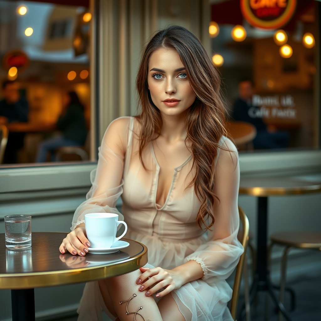 A young woman with brunette hair and pale blue eyes, wearing a translucent dress and lace-up high heels. She is sitting in front of a café at a table, with a cup of steaming coffee and a small glass of water on the table. It is late evening. Photo.