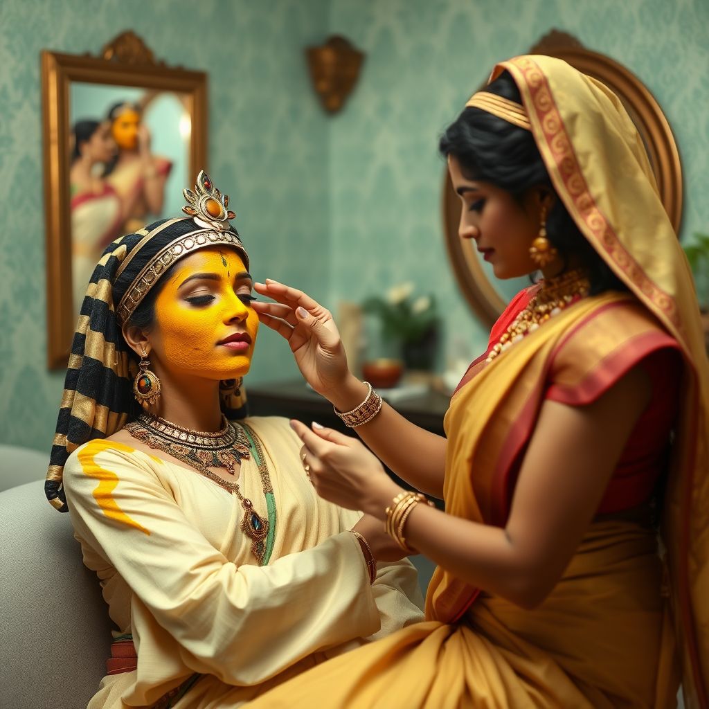 Cleopatra, working in a beauty parlor, giving a turmeric facial to a rich, traditional Indian wife.