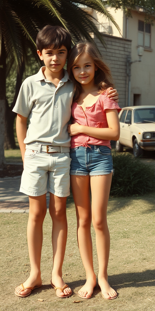 Vintage photo, 1980s. Hot summer. Iran. Tall 14yo teen boy and girl. Long legs, bare thighs. Full length view.