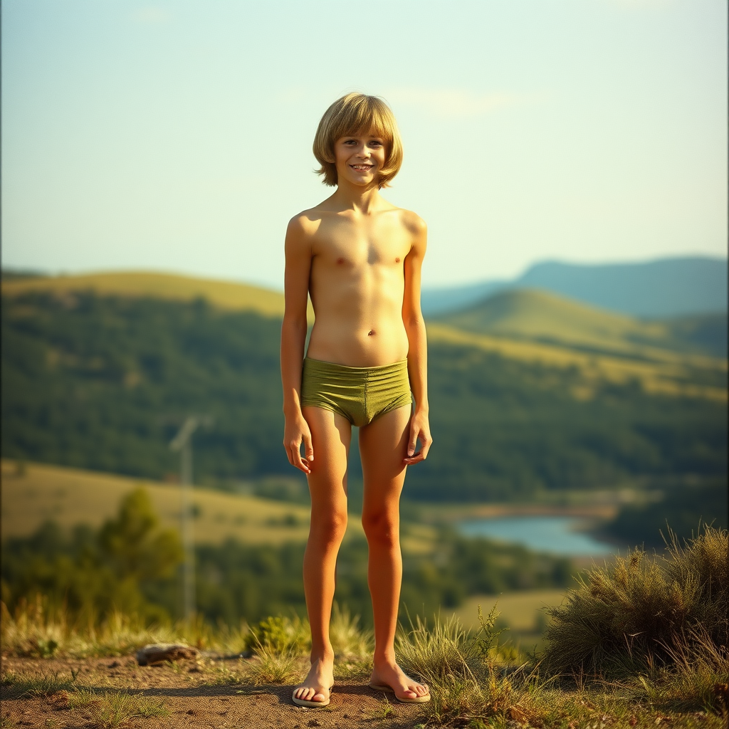 A skinny 14yo teen boyscout, long hair bowl cut, wearing tight narrow speedo, long legs, narrow thighs. full-length view. 1970s. art-photorealistic, ultra high resolution, 16K, Antonio del Polayolo style background, landscape. An atmosphere of freshness and joy. HTML_web_color_name='peachpuff', Negative: grainy, blurry, bad anatomy, extra limbs, watermark.