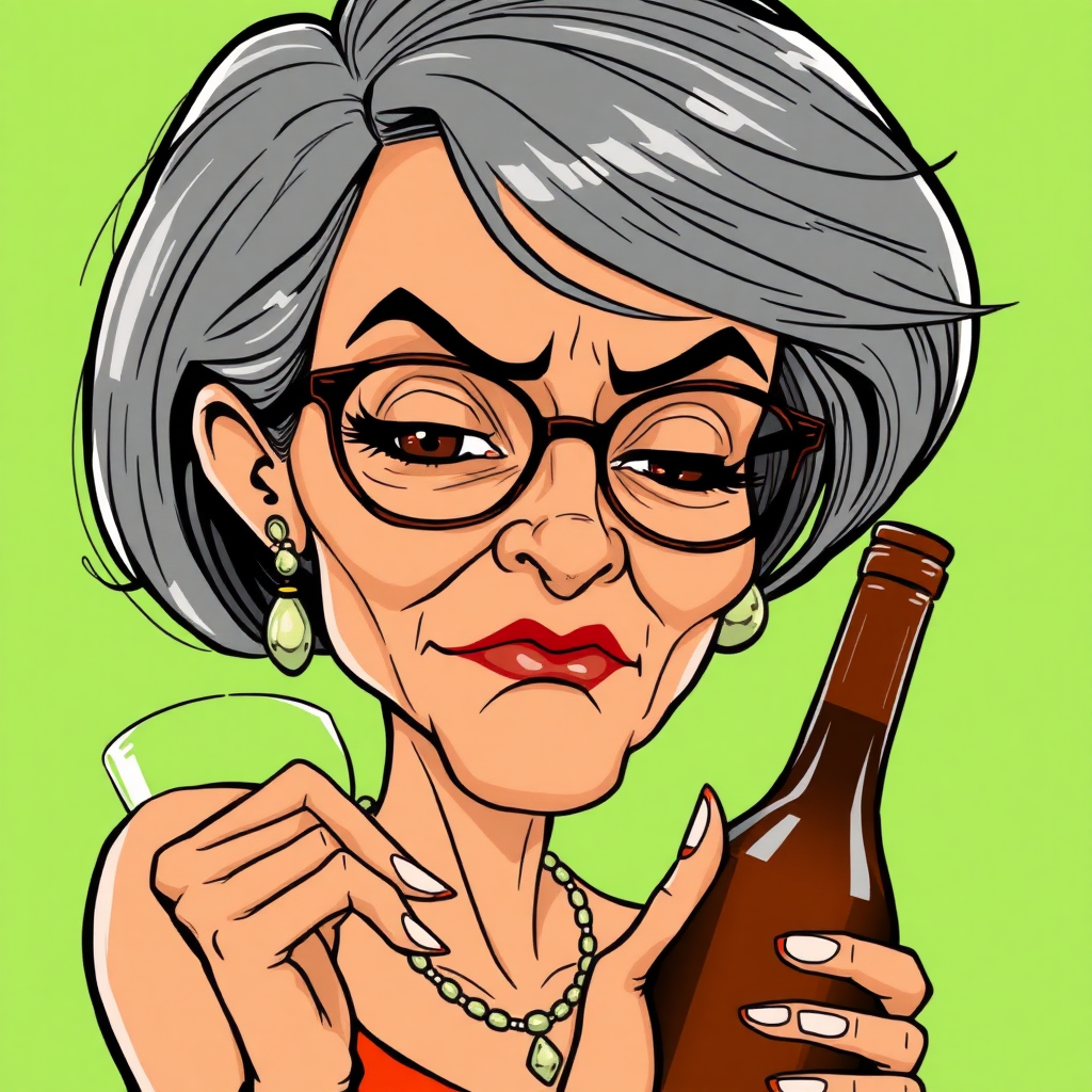 a 50 Years old, gorgeous, fit, European, Latina, sharp aquiline nose, wrinkles, high cheekbones, Middle Eastern, Skinny, Tanned skin, Dark light skin, full Makeup, jewelry, Sharp nose, frowning, exaggerated cartoon emotions, lascive, drinking at a bottle, dark grey Ash hair, short bowl haircut, Brown eye color, half closed eyes, round Glasses, with detailed features. cut out and isolated on a green background. 2D, caricature, cartoon, Sketch lines, coloring book style, well composed, clean coloring book page, No dither, no gradient, strong outline, vector illustration