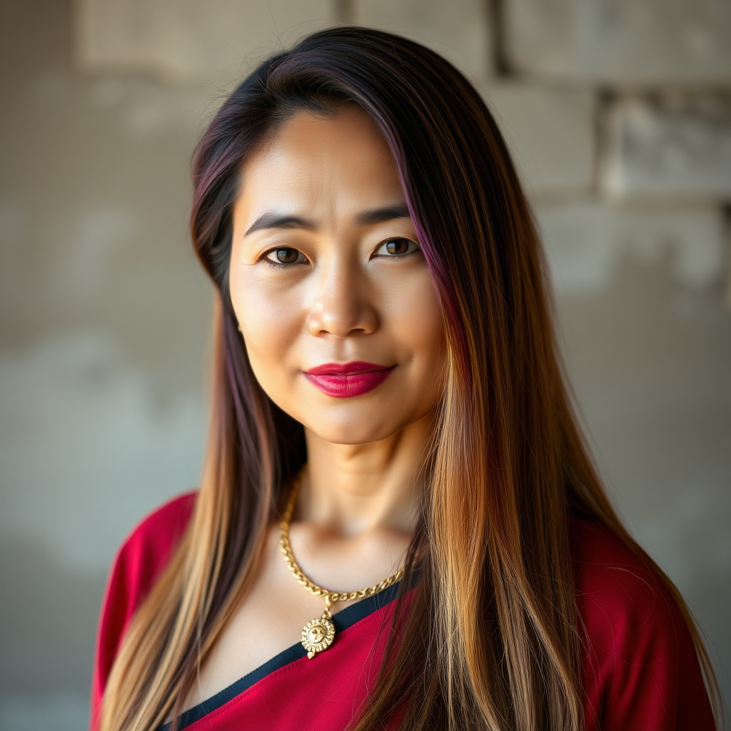 A 45 Year young North-East Thai Women with gold and violet colored long straight Hair and a fine Gold chain.