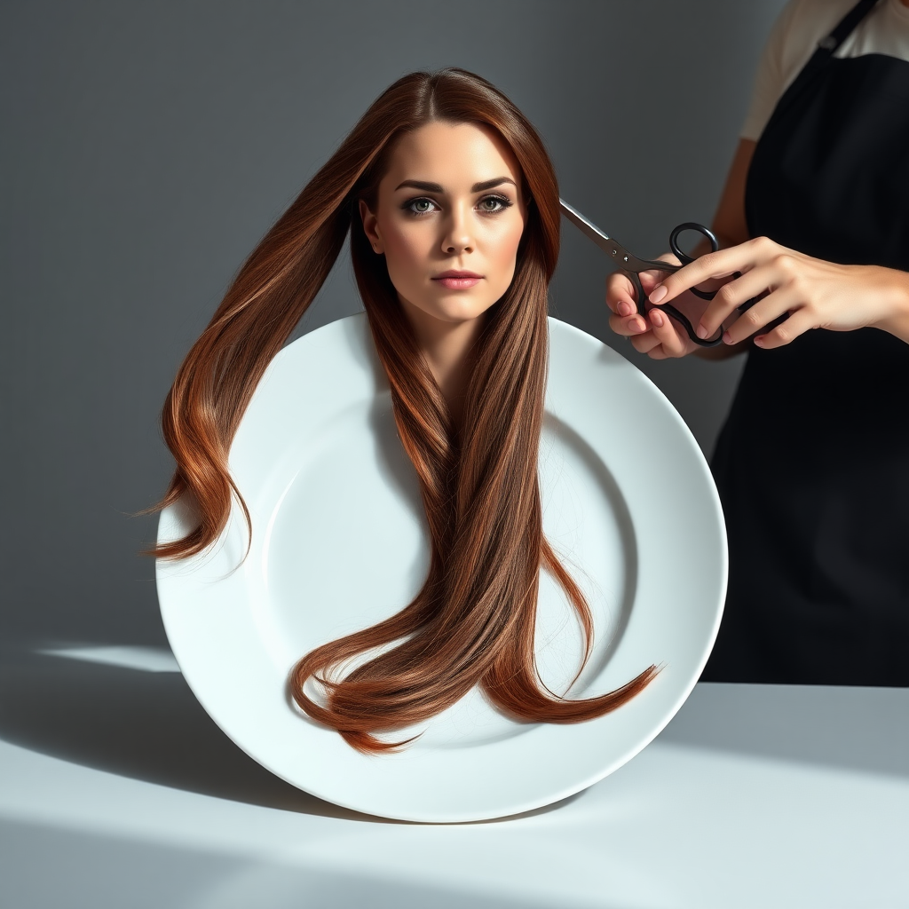 In a strikingly surreal scene, a beautifully crafted porcelain plate holds the disembodied head of a graceful Kate Middleton, her long, flowing hair cascading around like a luxurious waterfall of silky strands, shimmering in various shades of deep chestnut. Each hair seems to catch the light, creating an almost ethereal glow. Nearby, a meticulous hairdresser, dressed in a sleek black apron, carefully snips away at Kate's locks with precision scissors, their actions fluid and deliberate, emphasizing the delicate artistry of the moment.

The setting boasts minimalist decor, with a plain gray background that heightens the focus on this bizarre tableau. Soft shadows play across the smooth surface of the plate, enhancing the haunting beauty of Kate's serene expression, which conveys both elegance and an uncanny sense of stillness. The atmosphere is a blend of surreal calm and unsettling intrigue, pulling the viewer into a dreamlike space where reality and imagination intertwine. Gentle noises of scissors softly clipping away hair are the only sounds in this peculiar yet captivating scenario, heightening the tension and drawing viewers into this striking juxtaposition of beauty and the bizarre.