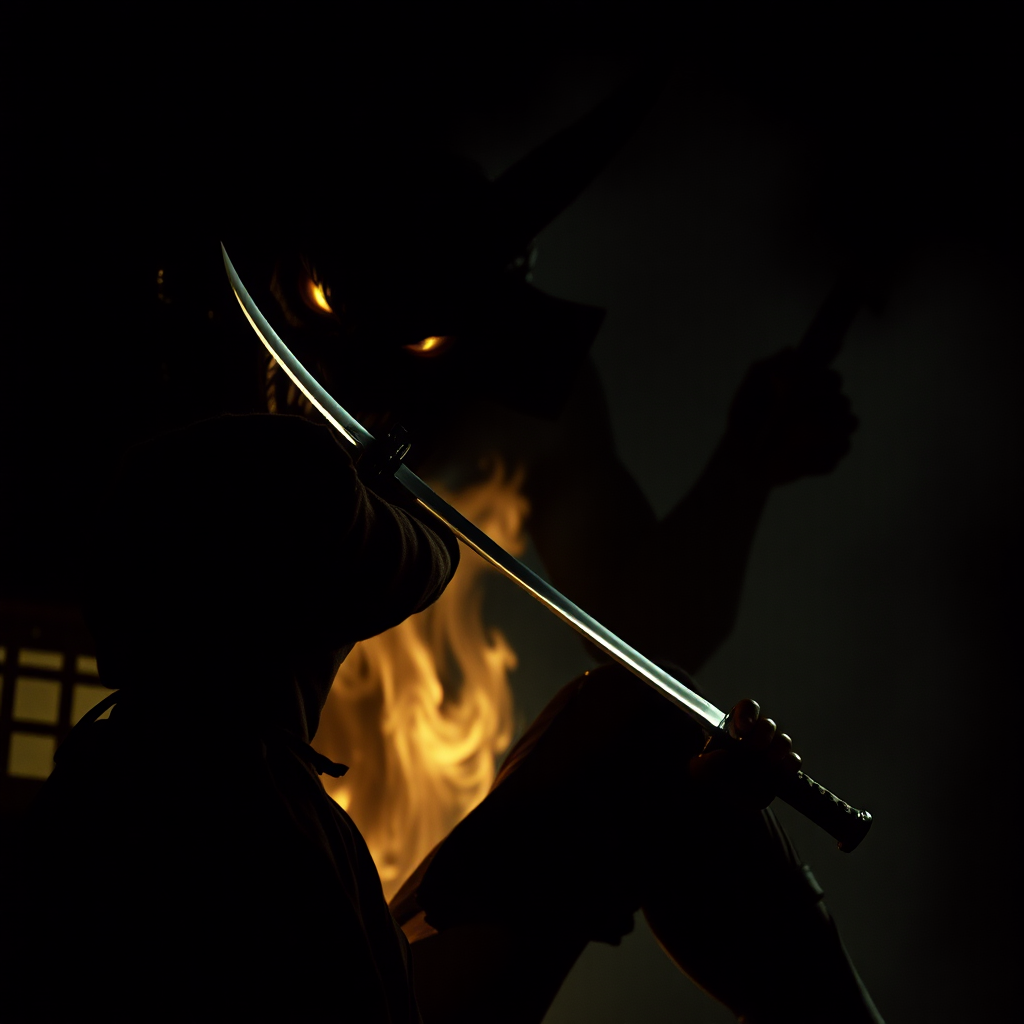 cinematic film still of A samurai with a katana attacks a demon in the dark night.