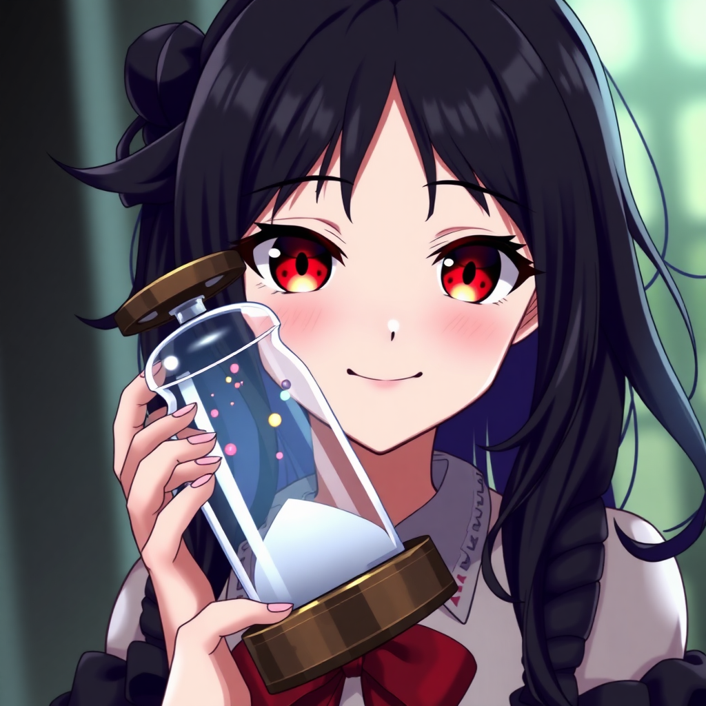 an anime girl with black hair and red eyes is wearing an hourglass. She has a smile like a villain.