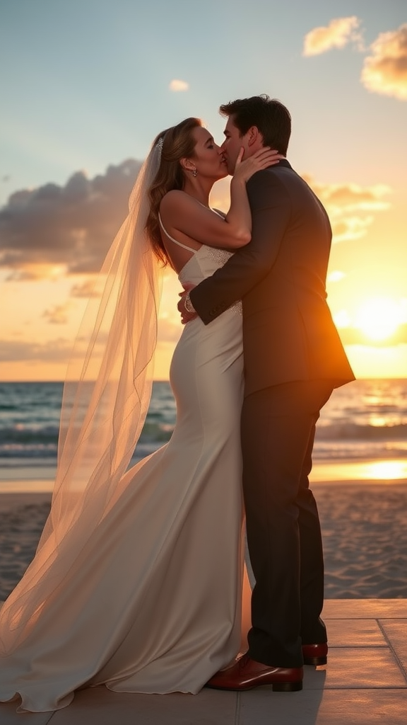 In the background, the bride Nicole Kidman and the groom Tom Cruise are elegantly dressed, she in high-heeled shoes and he in polished shoes, he passionately kisses the bride, in the background the sea with a beautiful beach, sky at sunset with sun rays and clouds.