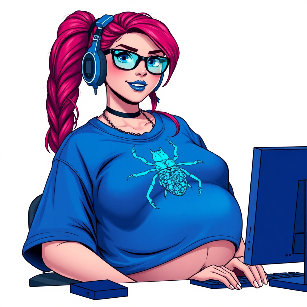 A cyberpunk vigilante’s full-figured intelligent and tech-savvy 28-year-old girlfriend, who is a computer hacker and tech genius. She has a long ruby red ponytail. She wears maximum blue lipstick, bright blue eyes, a sapphire beetle gemstone necklace, sapphire earrings, black eyeglasses, and an oversized maximum blue t-shirt featuring a blue sapphire gemstone crusted beetle chest icon. She has a full-figured physique with a prominent, massive, round belly, reflecting her well-cared-for lifestyle. She sports a sapphire headset with a hi-tech maximum turquoise lensed HUD, and a shy smile with a neon red blush. She serves as his tech expert from his hideout, diligently working at her lab table computer desk. The background is solid white. She is drawn as if she was in a retro 2D cyberpunk fighting game. Ensure her t-shirt covers her belly.