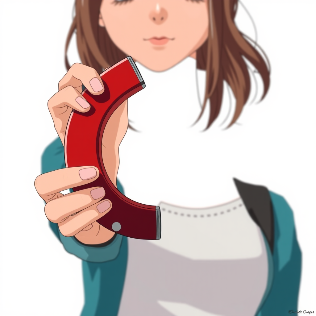 a woman holding a magnet and a magnet in her hand, full-shot, anime wallpaper, breathtaking realistic, inspired by John Henry Kingsley, miyazaki's animated film, john stephens, centered, white background, perspective view.