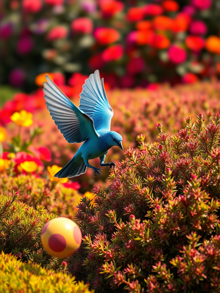 A realistic 4K scene of a Blue Bird flying low, gracefully maneuvering around bushes in a colorful garden while searching for a lost ball. The bird is depicted in vibrant detail, showcasing its feathers as it flits between the greenery, capturing the essence of determination and playfulness in this joyful moment.