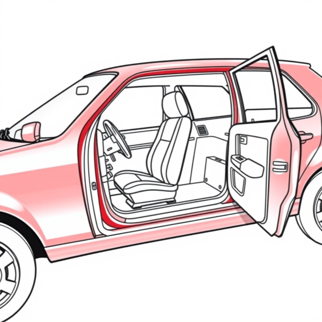 red vw polo II car, driver's door wide open, driving seat visible, long establishing shot, 2D, caricature, cartoon, Sketch lines, coloring book, coloring book style on white background, well composed, clean coloring book page, No dither, no gradient, strong outline, No fill, No solids, vector illustration, realistic proportions, blueprint, left side view