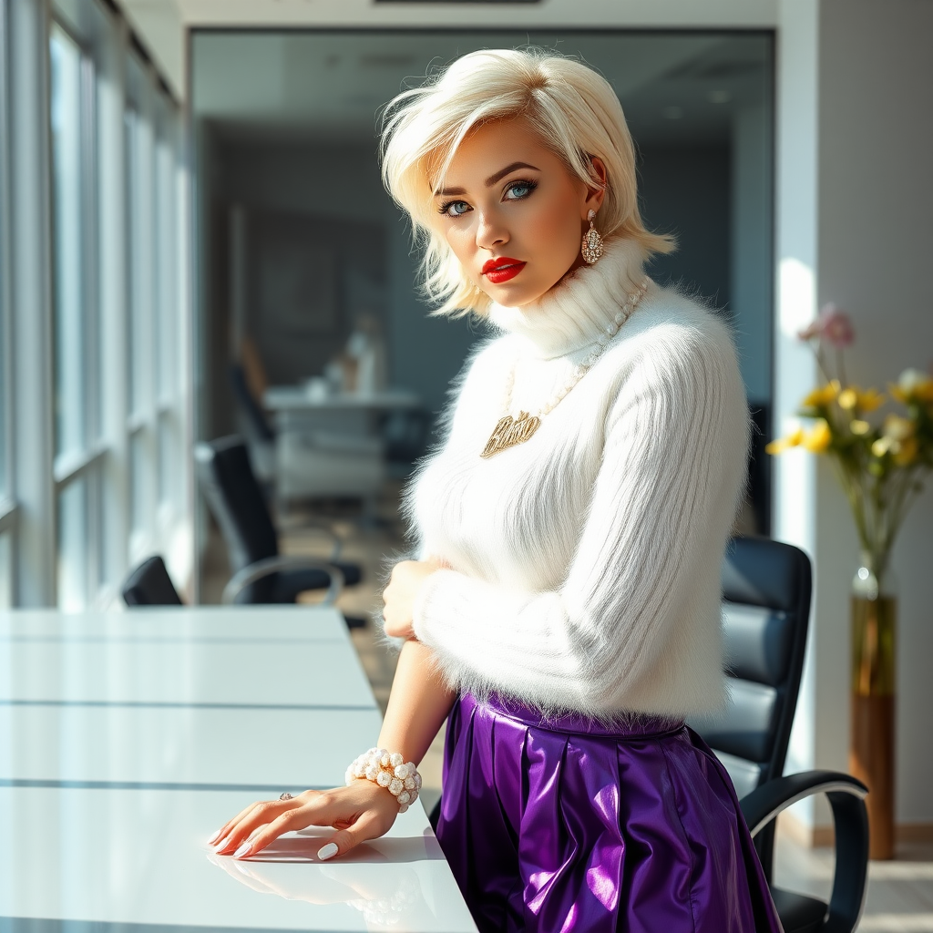 Sunny spring morning, modern glass-steel-concrete office, standing behind desk: Nina, 17 years old very convincing femboy “trophy-bimbo”, tamed servile docile, very beautiful feminine flawless face, rather short, by hormones very curvaceous womanly figured, platinum blond short tight curls, bold red lips, long white French nails, heavily made-up face, wearing Supertanya-style fluffy very fuzzy bright white angora turtleneck-poncho cropped ending under bust decorated with pearls and glass stones, purple vinyl pleated mini-skirt, bright red pumps with golden very high heels, white pearl belly piercing, large pearl earrings, striking diamond “Bimbo” letter brooch on left chest, thick heavy pearl wristlets, pearl anklets, pout frustrated, leaning forward hands on desktop presenting her assets, looking at camera. Focus on face and turtleneck-poncho.