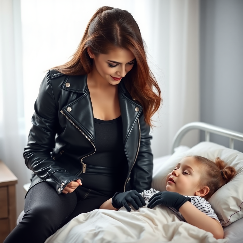 A beautiful female burglar in black leather jacket over black t-shirt with black jeans and gloves visits her sick little daughter lying in bed.