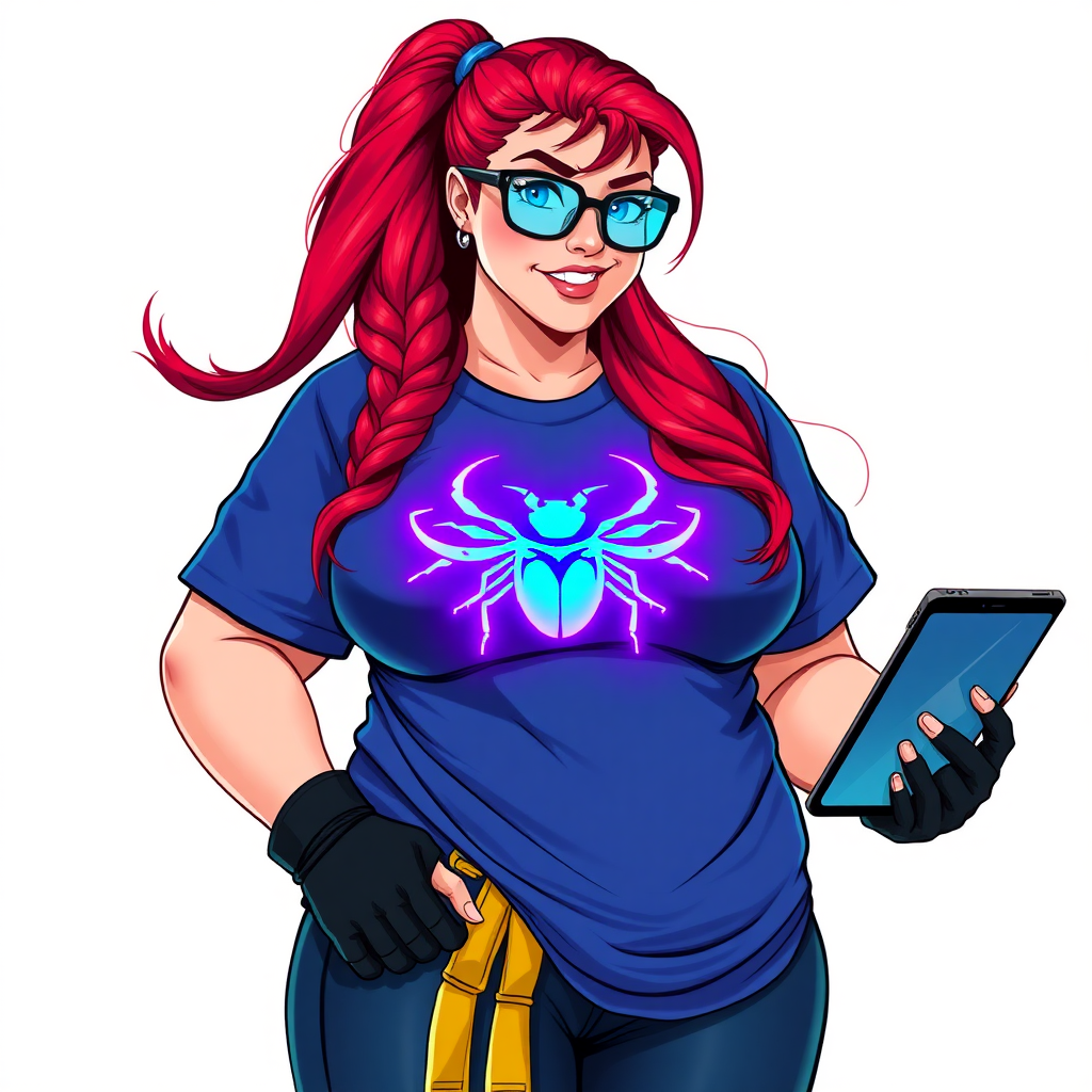 A 28-year-old, full-figured computer hacker and tech wiz, she is the girlfriend of a cyberpunk vigilante. Her long ruby red ponytail, and striking, bright blue eyes make her stand out. Her wrecking ball-sized midsection, sequoia-sized limbs, and broad shoulders define her full figure, which has been heavily pampered by her doting boyfriend. Her nerdiness is blatantly obvious, and she serves as her boyfriend’s tech expert.

As the loyal and supportive sidekick, she plays a crucial role in their missions, using her digital and technological prowess to assist and protect. She wears an oversized maximum blue t-shirt adorned with a glowing neon blue beetle chest icon, black oversized eyeglasses, and black high-tech gloves. She beams with a neon red blush, holding a futuristic wrench and a digital holographic tablet. She is on a solid white background. She is drawn as if she was in a retro 2D cyberpunk fighting game.