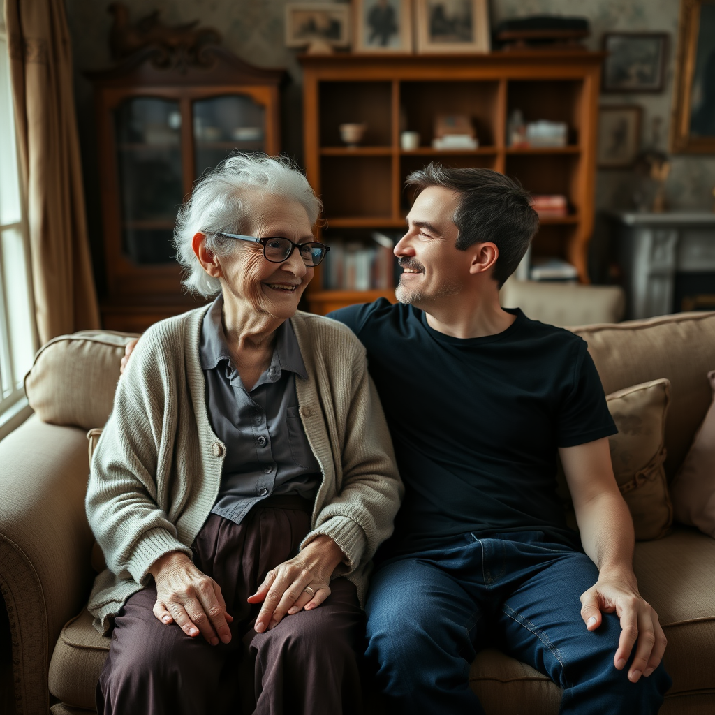 In a scene viewed from an angle and slightly above: In an old-fashioned English living room, a very frail and thin, very elderly English lady with a kind smile, short, thinning white curly hair, wrinkled face, neck and skin, wearing thin framed glasses, an old cardigan, blouse and long skirt is sitting on a sofa with an English man about 40 years old, grey stubble on his chin, brown hair, sitting close next to her on the same sofa, wearing a black T-shirt and dark blue jeans. The man and woman are smiling at each other. The woman is looking at the man's eyes and smiling. The man is looking at the woman's eyes and smiling.