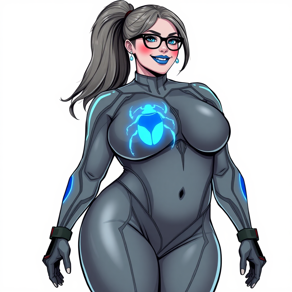 A 29-year-old computer science major embracing her new life as her new cyberpunk vigilante boyfriend's nerdy, full-figured middle gray-skinned computer program hybrid girlfriend with a long, middle gray ponytail. She wears maximum blue lipstick and has bright blue eyes. Her outfit includes a digital, computerized, middle gray bodysuit (accentuating her gargantuan midsection) featuring a neon blue glowing beetle chest icon. She sports black eyeglasses, with a beaming smile and neon red blush. Her full figure reflects the doting care of her vigilante boyfriend. She uses her power to hack into computers and machines to serve as her hero's minicomputer operating out of his hi-tech wristwatch and supercar's supercomputer. The background is solid white. She has a prominent, round, gargantuan midsection. Her proportions (especially her midsection) are bloated, expanded, and broadened to emphasize her physique. Her middle gray metallic skin shows her digital nature. She is drawn as if she was in a retro 2D cyberpunk fighting game.